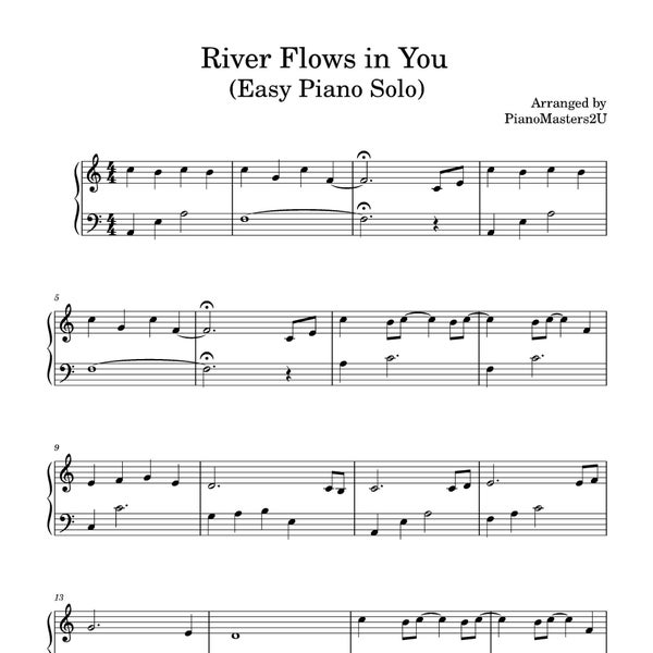 EASY River Flows In You Yurima - Original Klavier Solo Arrangement Noten Download Printable PDF 2 Seiten