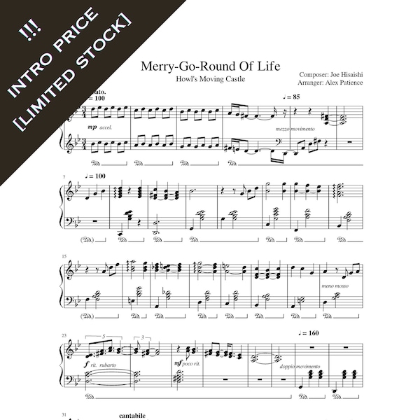 Howl's Moving Castle Theme - Merry Go Round Of Life Piano Solo Sheet Music Download Printable PDF 7 Pages Studio Ghibli Anime Waltz Children