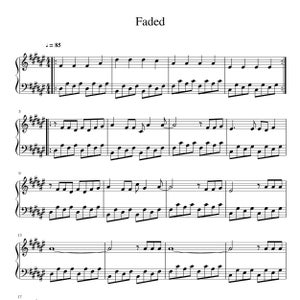 Puede incluir: Partitura musical para piano de la canción "Faded". La música está escrita en la clave de sol y tiene un tempo de 85 pulsaciones por minuto.