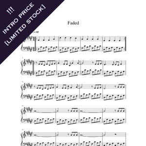 Puede incluir: Partitura musical para la canción "Faded" con notación musical para piano. El tempo es de 85 pulsaciones por minuto.