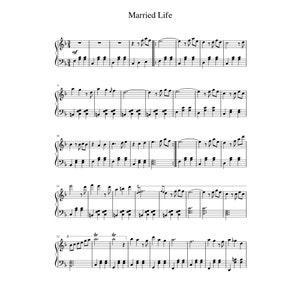 K&ouml;nnte beinhalten: Notenblatt f&uuml;r ein Klavierst&uuml;ck mit dem Titel "Married Life". Die Musik ist in Standardnotation mit Violinschl&uuml;ssel und Bassschl&uuml;ssel geschrieben. Das St&uuml;ck ist im 4/4-Takt und hat eine Tonart mit 3 Kreuzen.