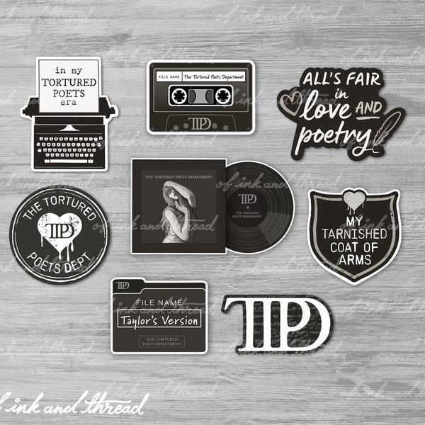 TTPD Sticker Collection #4 Black Edition | The Tortured Poets Department Sticker Set of 8  | Glossy Die-Cut Vinyl Stickers