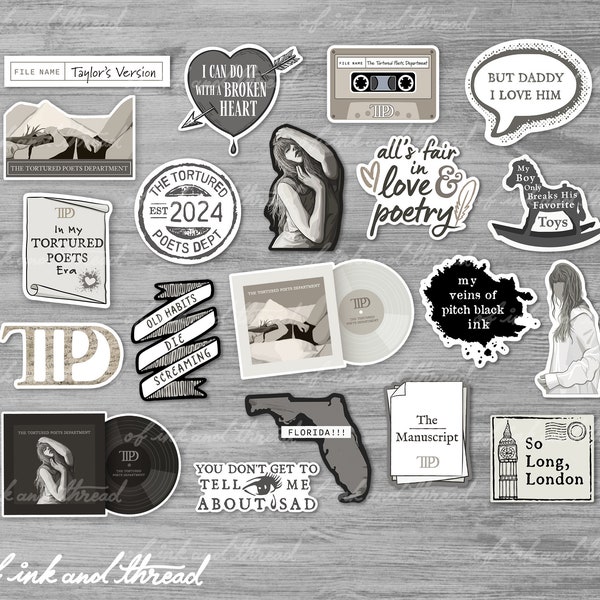 The Tortured Poets Department Stickers  | Set of Glossy Die-Cut Vinyl Stickers | TS lyrics quotes