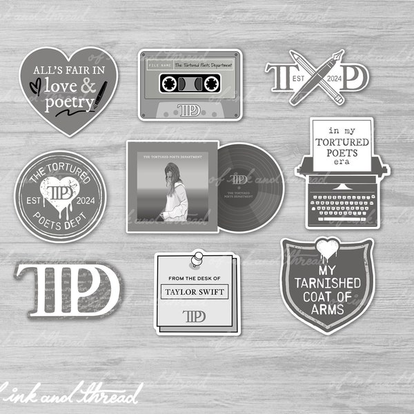 TTPD Sticker Collection #2 Gray Edition | The Tortured Poets Department Stickers Set of 9  | Glossy Die-Cut Vinyl Stickers