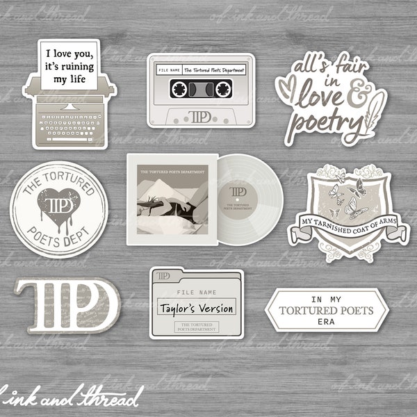 TTPD Sticker Collection #1 White Edition | The Tortured Poets Department Sticker Set of 9  | Glossy Die-Cut Vinyl Stickers