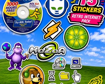 May include: A collection of 15 retro internet stickers featuring an AOL 8.0 CD, a Napster cat logo, a yellow lightning bolt, a lime slice, a purple gorilla holding a globe, a Kazaa logo, a bear with headphones, and various pixelated computer icons.