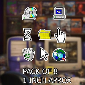May include: A pack of 8 pixel art stickers featuring classic computer icons including a CD drive, a desktop computer, an hourglass, a yellow folder, a hand cursor, a trash bin, an arrow cursor, and a globe, each measuring 1 inch approximately.