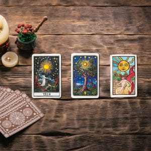 May include: Three tarot cards on a wooden table with two candles and a small plant. The cards are the Star, the Tree of Life, and the Sun. The cards are all in the Rider-Waite-Smith deck.
