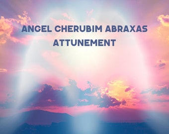 May include: A pink and purple sunset sky with clouds and a bright yellow sun. The text "ANGEL CHERUBIM ABRAXAS ATUNEMENT" is written in blue letters across the sky.