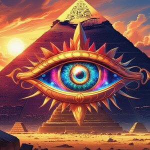 May include: Digital art depicting a golden eye with a colorful iris, set against a backdrop of pyramids and a sunset sky. The eye is the focal point, with intricate details and a mystical aura. The pyramids are in the background, creating a sense of ancient mystery.