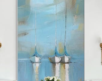 H Minimalistisch blauw zeilbootolieverfschilderij, zachtblauwe kustkunst, uniek nautisch cadeau voor oceaanliefhebbers