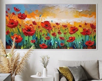 ポピーの水彩画、野原の赤いポピーの花のオリジナルアート、野生の花の