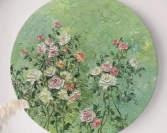 円形のグリーンピンクの花のアート、カラフルな花のアクリル画、質感のある花の壁装飾、応接室の壁掛け