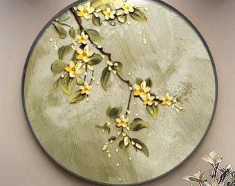 Circle Green Canvas Art, Faint Yellow Flowers Green Leaf Acrylic Painting, Green Background Oil Art, Abstract Floral Texture Artwork Gift