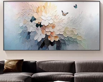 Abstract Brushstrokes Flowers Painting, White Blue Orange Floral Canvas Art, Heavy Textured Butterfly Wall Art, Sofa Background Wall Decor