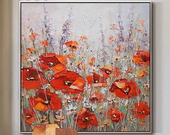 Abstract Texture Bright Red Flower Oil Painting, Large Impasto Floral Field Wall Art, Custom Modern Handmade Living Room Decor Perfectly Gif