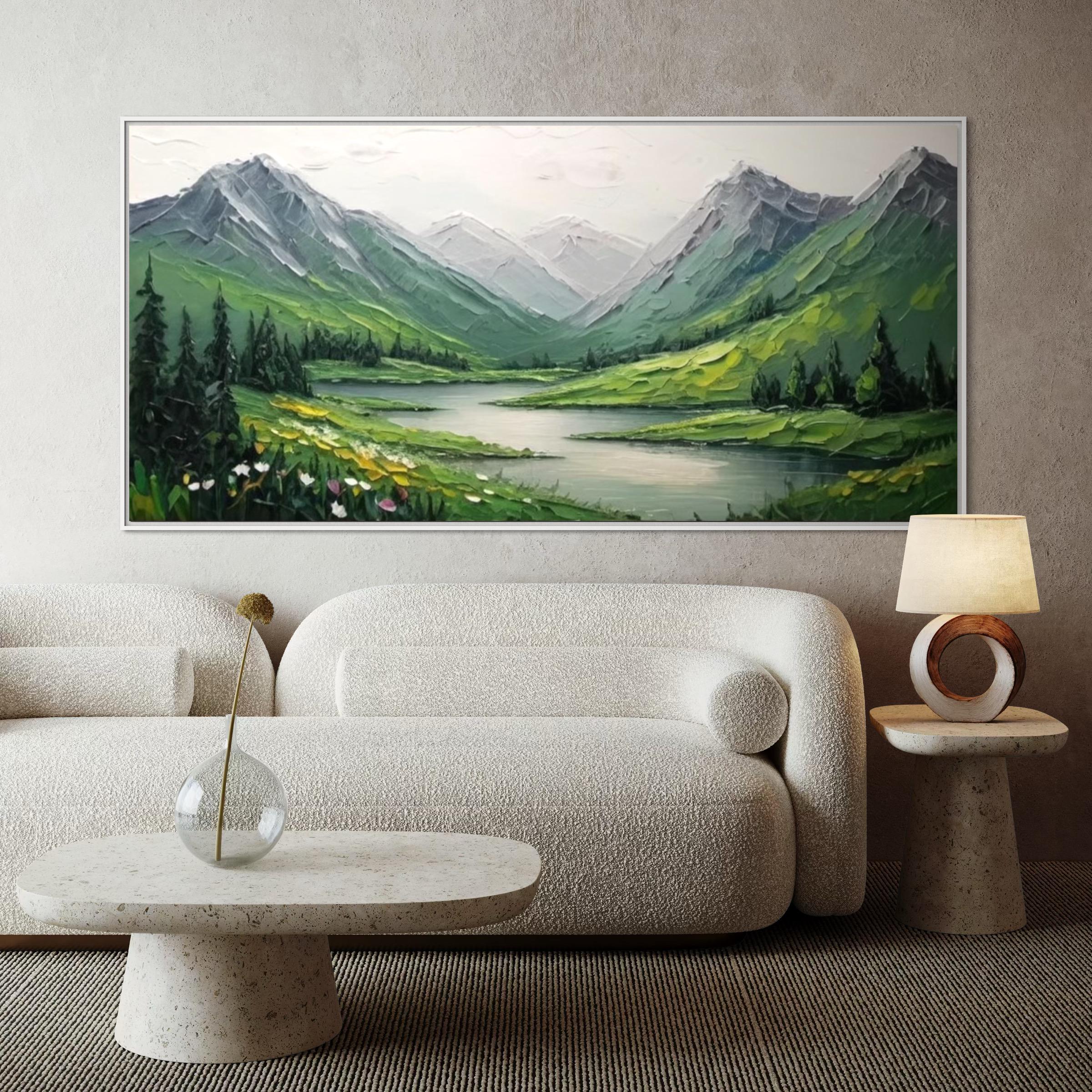H 風景山と湖の壁アート、緑の森の川のアクリル画、自然の特大水風景