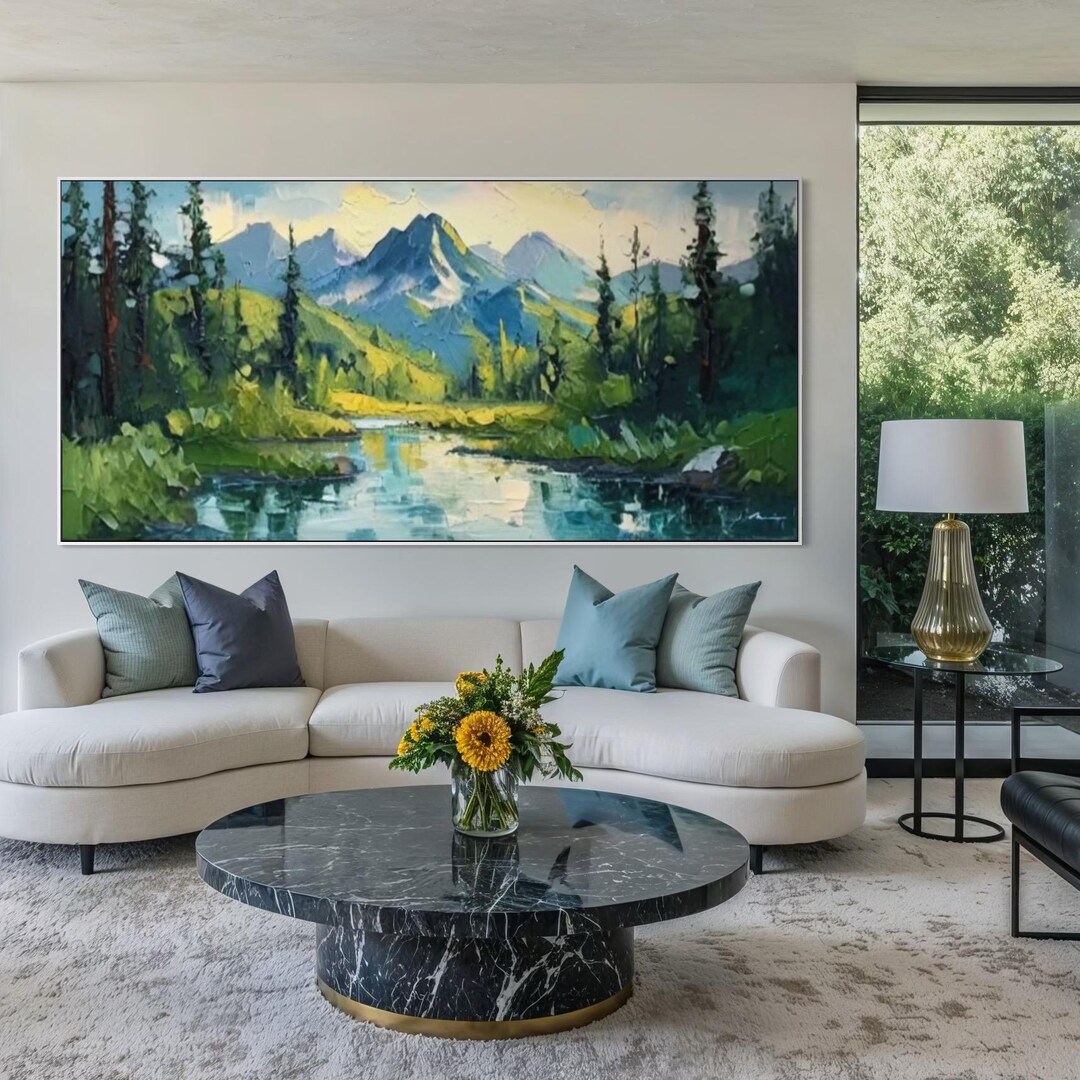 H Handcrafted Mountain River Oil Painting on Canvas, Large Wall Art ...