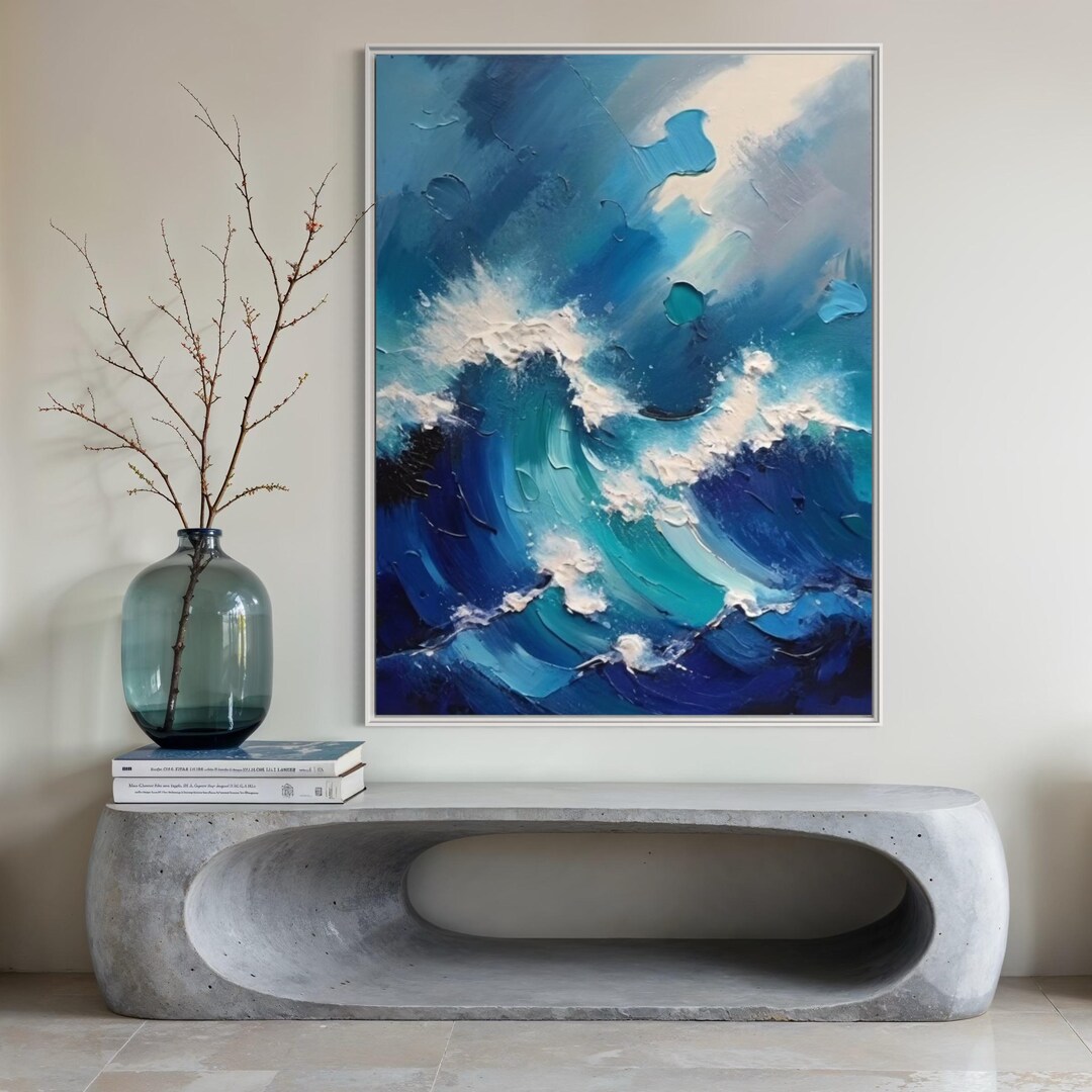 H Minimalist Navy Blue Waves Canvas Art, Contemporary Ocean Painting ...