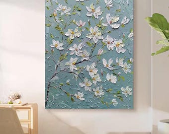 White Flower with Green Background Painting, Custom Floral Thick Textured Wall Decor, Living Room Hallway Art, Personalized New Home Gift