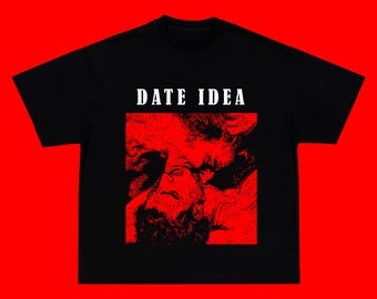 Camiseta gráfica extragrande con diseño de idea para una cita, camiseta de arte gótico vintage, ropa urbana con humor negro.