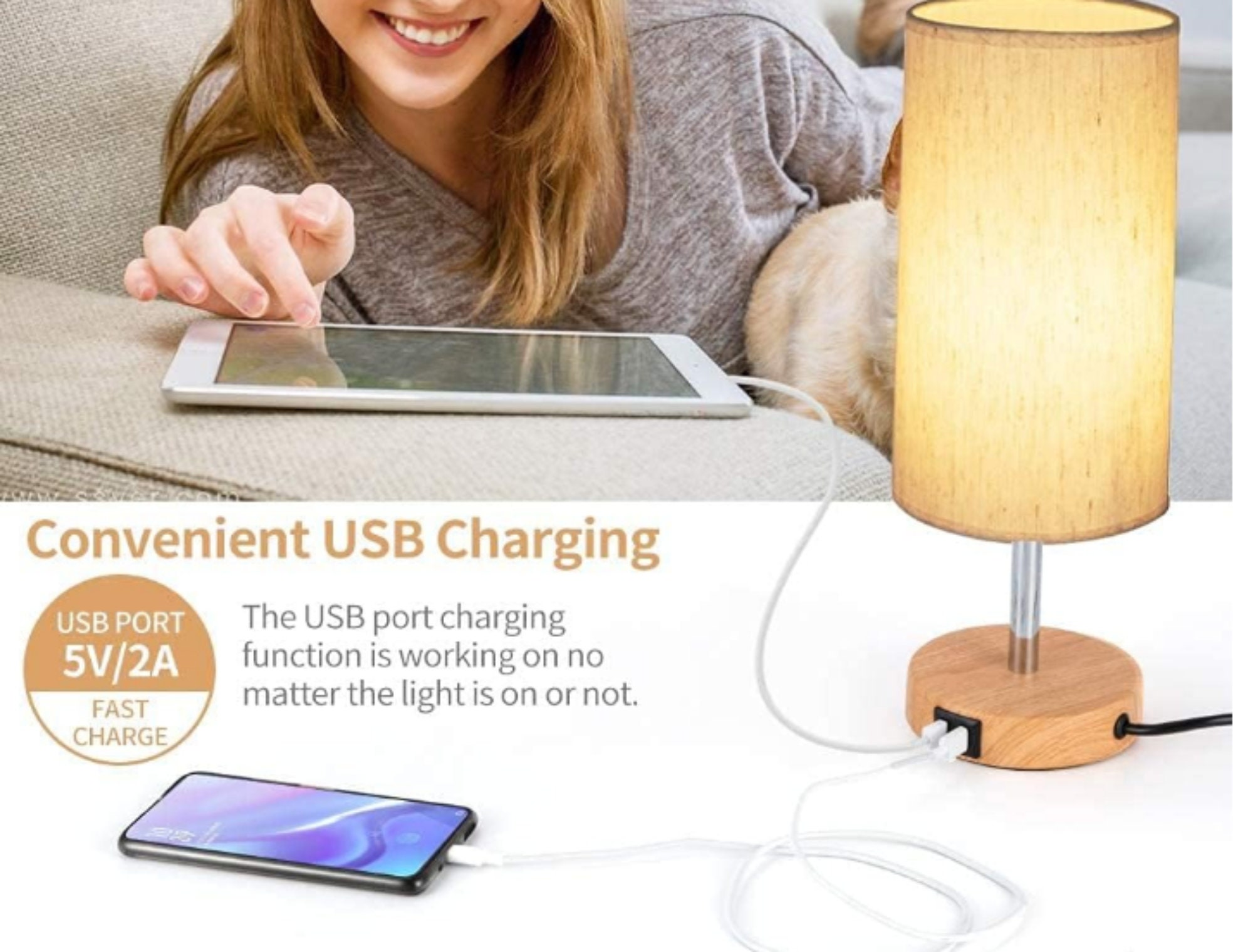 Modern Touch Control Bedside Lamps With USB Port Wood Nightstand Lamps