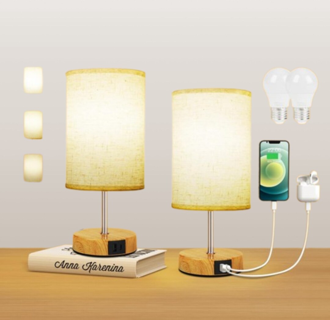 Set of 2 Touch Bedside Lamps With USB AC Charging Ports Etsy UK
