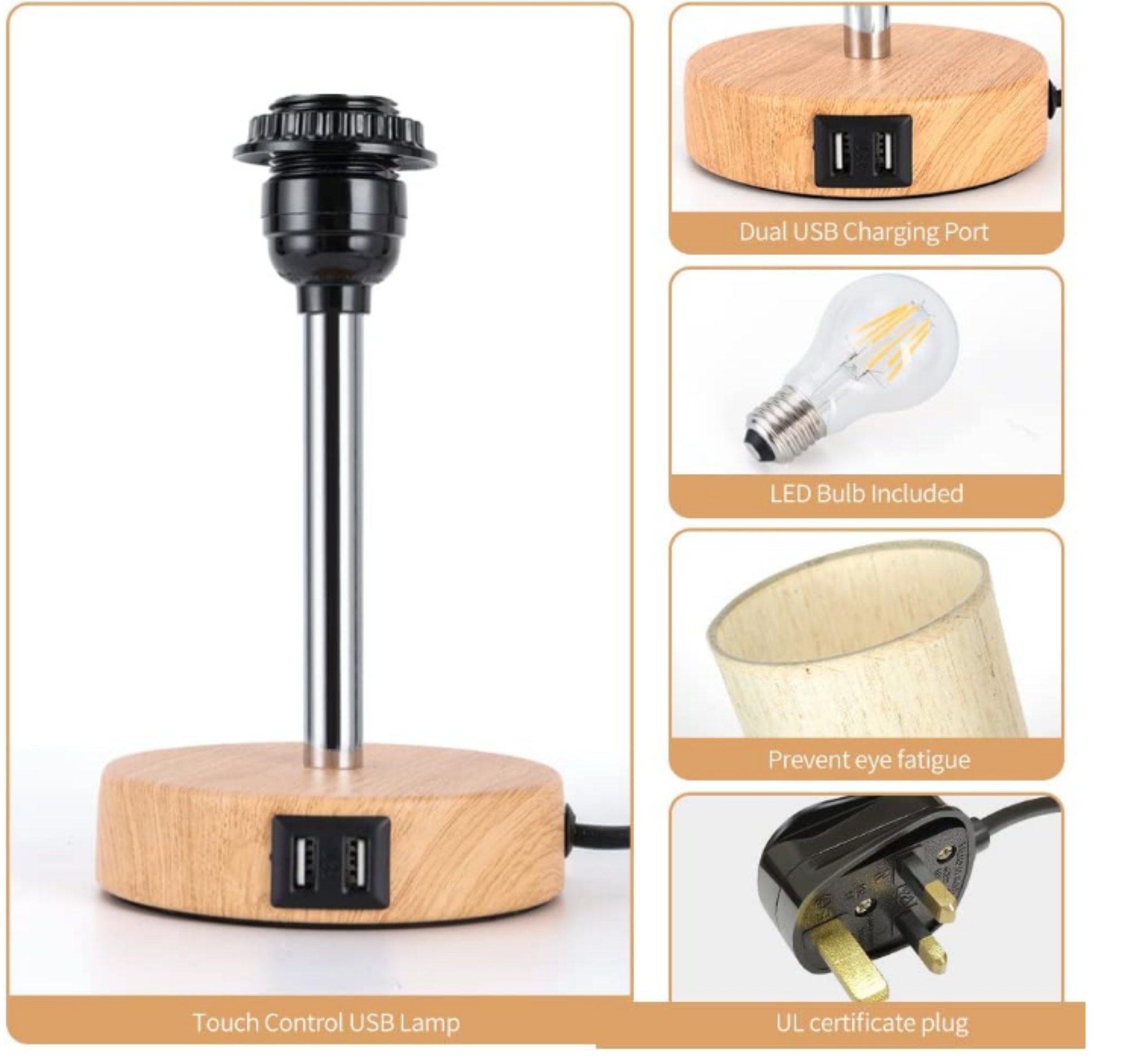 Modern Touch Control Bedside Lamps With USB Port Wood Nightstand Lamps