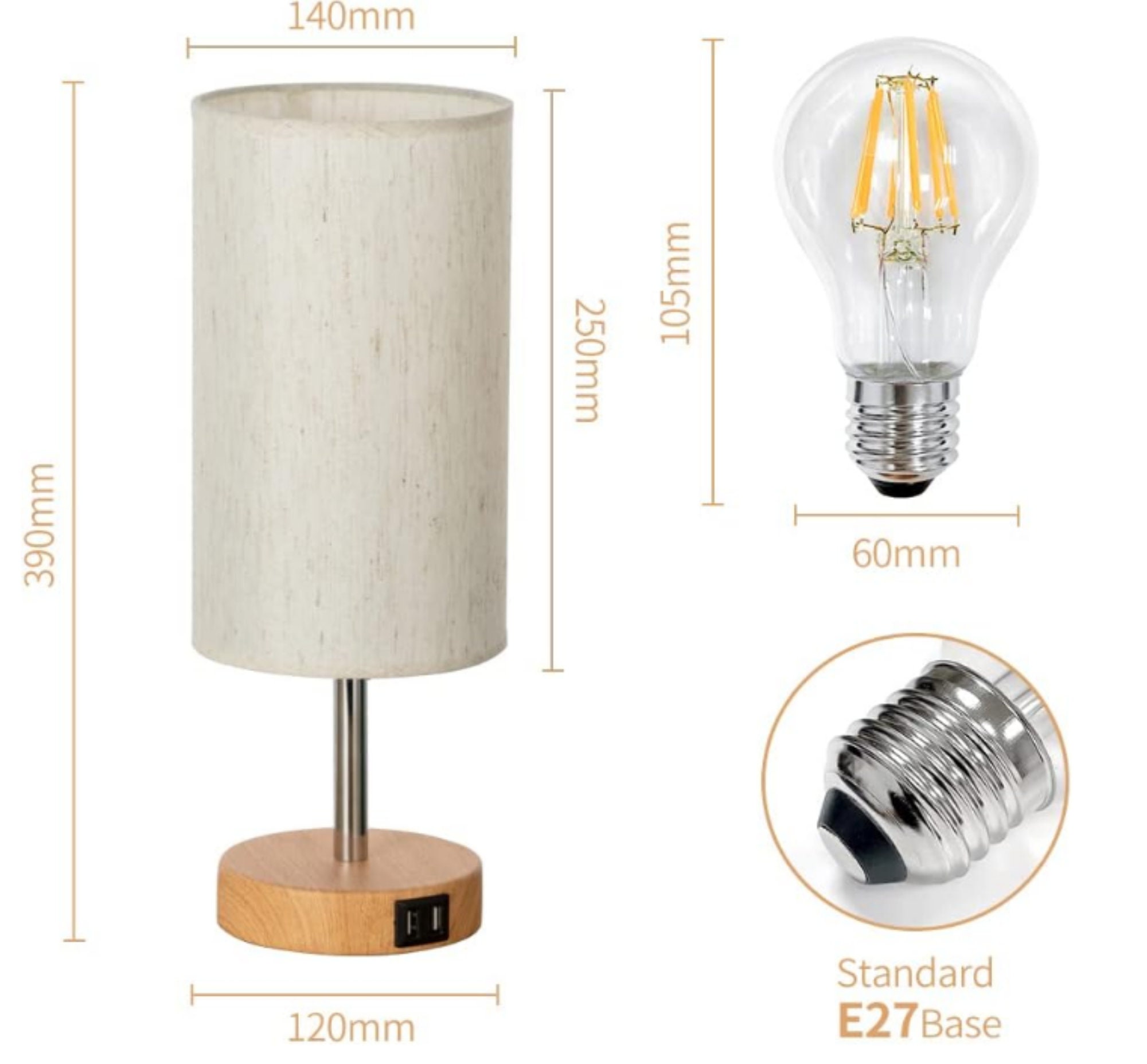 Modern Touch Control Bedside Lamps With USB Port Wood Nightstand Lamps