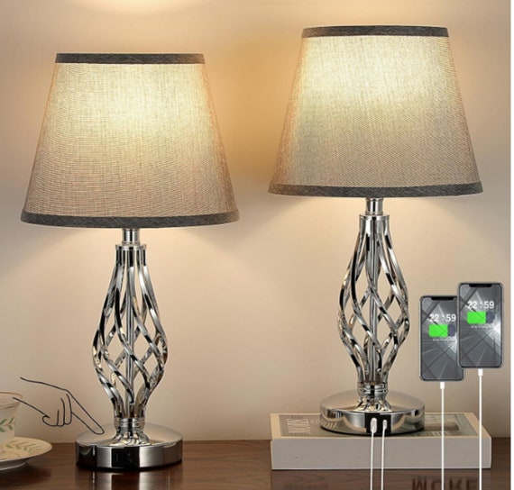 Set of 2 Touch Table Lamps With USB Ports Modern Bedside Lamps