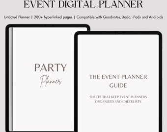 Puede incluir: Dos planificadores digitales en pantallas de tableta. La pantalla de la izquierda muestra el texto "PARTY Planner". La pantalla de la derecha muestra el texto "THE EVENT PLANNER GUIDE SHEETS THAT KEEP EVENT PLANNERS ORGANIZED AND CHECKLISTS".