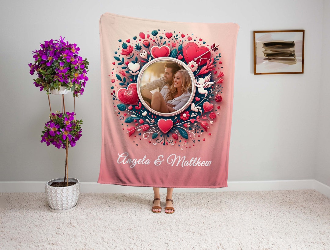 Custom Love Photo Blanket, Personalized Heart Throw, Valentine's Day Gift, Sweetheart Sherpa