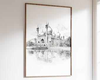 Sketch of Badshahi Mosque, Lahore, Pakistani Art, Muslim Art, Digital Print, Wall Art Decor, Printable