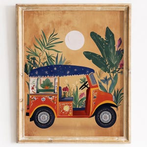May include: An orange and blue tuk-tuk illustration with floral and botanical elements. The artwork features a detailed depiction of a tuk-tuk surrounded by lush greenery, flowers, and a full moon in a warm, golden-toned setting. The image is framed in a gold-colored frame.
