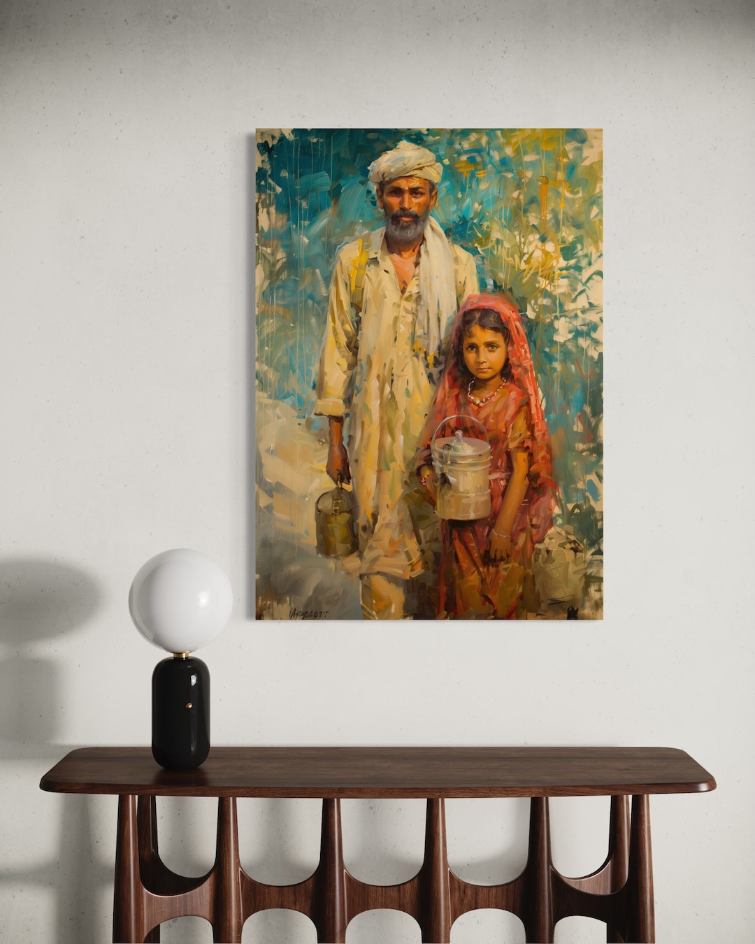 Father Daughter in Pakistan, Oil Painting, Wall Art, Printable