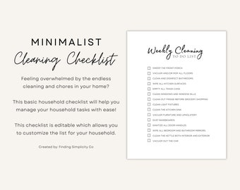 May include: A minimalist cleaning checklist with a weekly cleaning to-do list. The checklist includes tasks such as sweeping the front porch, vacuuming and/or mopping all floors, cleaning and disinfecting bathrooms, wiping all kitchen surfaces, emptying all trash cans, cleaning windows and window sills, cleaning out the fridge before grocery shopping, cleaning light fixtures, cleaning the kitchen sink, vacuuming furniture and upholstery, dusting baseboards, sanitizing all door handles, wiping all bedroom and bathroom mirrors, cleaning the kettle both interior and exterior, and vacuuming out the car.