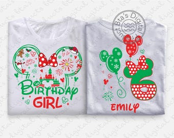 Puede incluir: Dos camisetas blancas con diseños gráficos coloridos. Una dice "Birthday Girl" con orejas de Mickey Mouse, un castillo y elementos festivos. La otra presenta globos, el número 6, un lazo y el nombre "Emily".