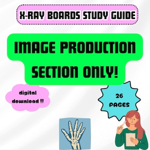 Könnte beinhalten: Eine grüne und schwarze Titelkarte mit dem Text "X-RAY BOARDS STUDY GUIDE" in Pink. Der Text "IMAGE PRODUCTION SECTION ONLY!" ist in Schwarz und Grün. Eine rosa Wolke mit dem Text "digital download!!" befindet sich in der linken unteren Ecke. Ein blauer Stern mit dem Text "26 PAGES" befindet sich in der rechten oberen Ecke. Eine Comic-Illustration einer Frau mit roten Haaren befindet sich in der rechten unteren Ecke. Sie hält einen Notizblock und einen Stift. Ein blaues Rechteck mit einer Schwarzweiß-Illustration eines Hand-Skeletts befindet sich in der Mitte des Bildes.