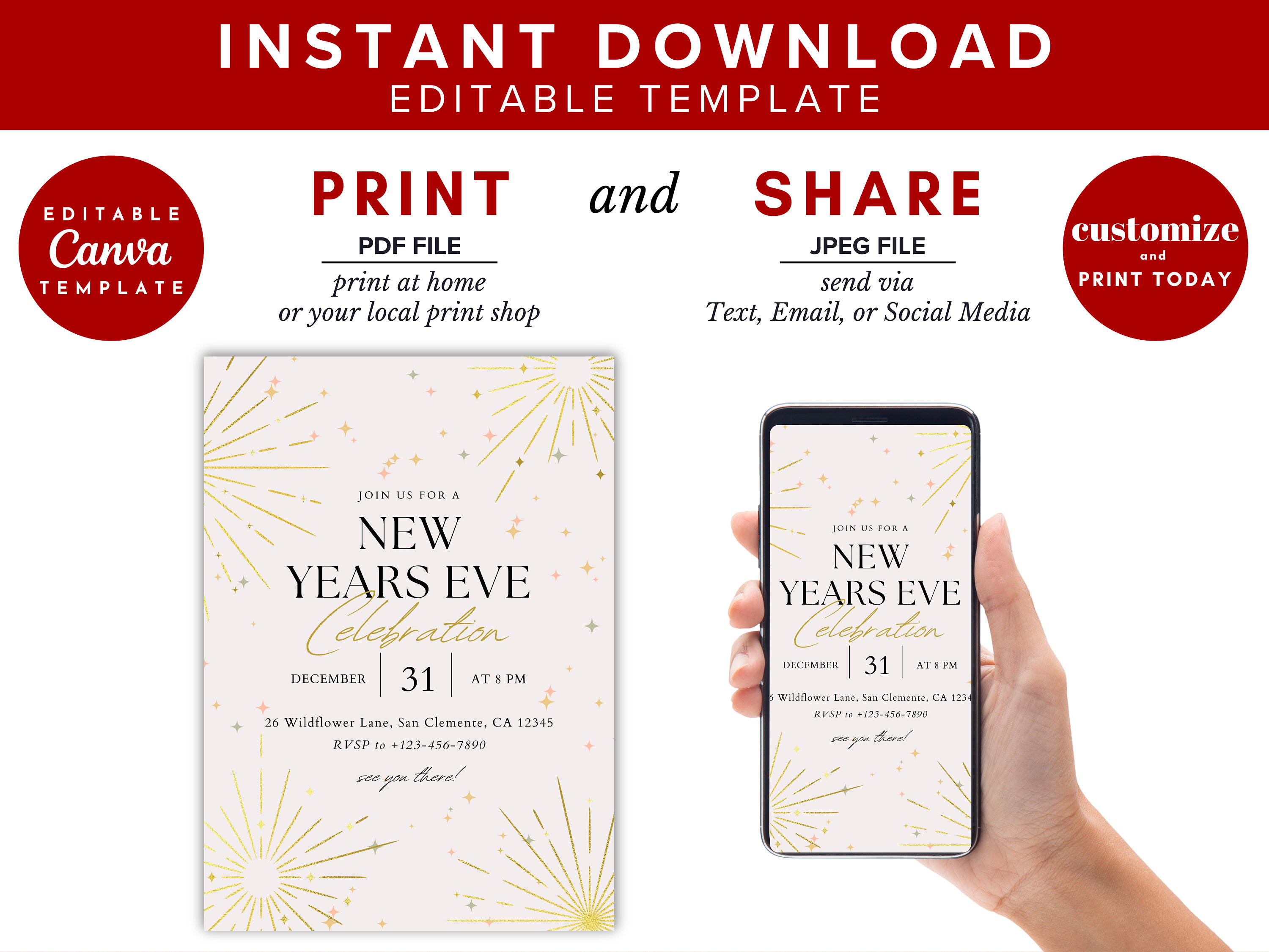 New Year's Eve Party Invitation Template, Fireworks, New Years Party ...