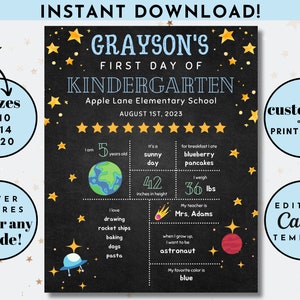 First Day Of School Sign, Back to School Chalkboard Poster, Personalized School Chalkboard Sign, boys space printable school sign, canva