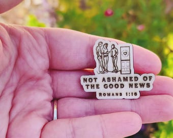 JW Pins | 1.75&quot; Wooden Engraved Pins | Assembly Theme &quot;Not Ashamed of the Good News&quot;  | Find us on Instagram! @etchedinjoy