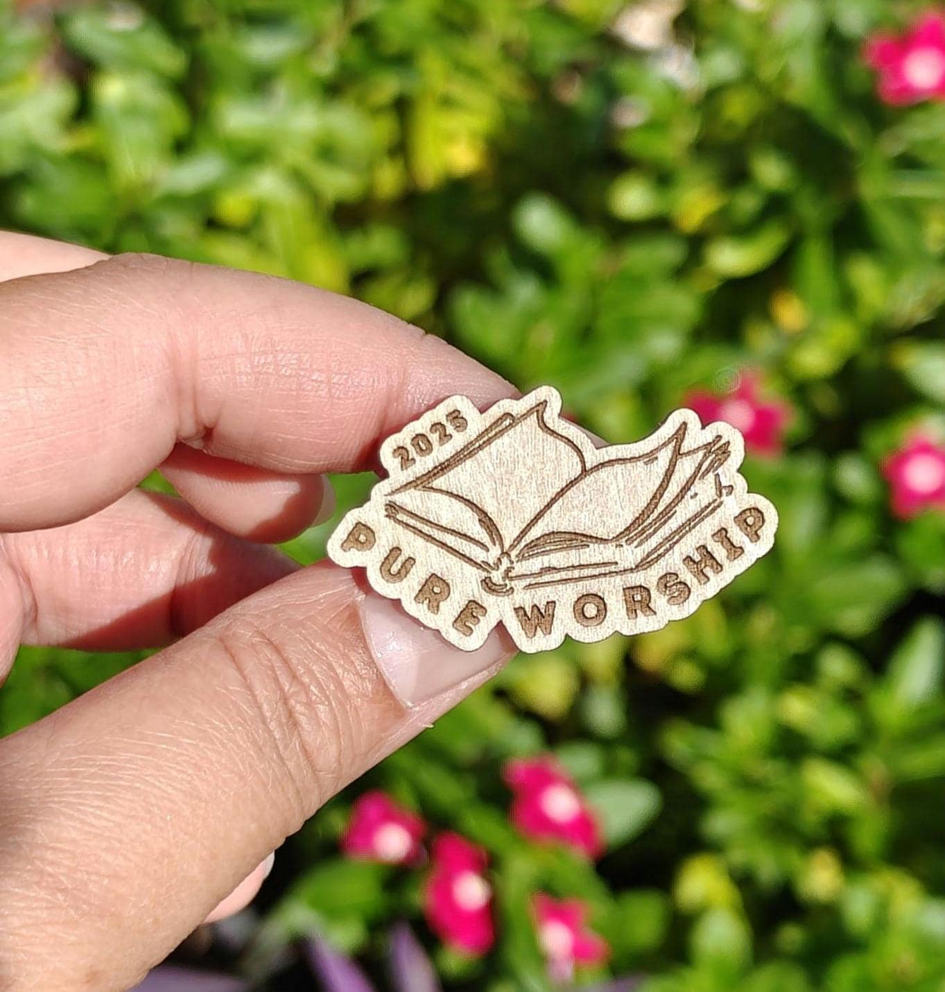 JW Pins | 1.5" Wooden Engraved Pins | Convention Theme "Pure Worship" Bible  | Find us on Instagram! @etchedinjoy