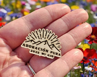 JW Pins | 1.5&quot; Spanish / English Wooden Engraved Pins | Convention Theme &quot;Pure Worship&quot; with Scripture  | Find us on Instagram! @etchedinjoy