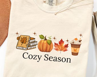 Comfort Colors Cozy Season Shirt, Fall Book Lover Tee, Autumn Coffee Pumpkin Shirt, Cute Fall Graphic Tee, Thanksgiving Gift for Women
