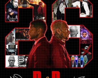 May include: A promotional poster for the R&B Tour featuring Usher and Chris Brown. The design includes images of the artists, album art, and the tour name. The background is black with a grid pattern, and the text "RAYMOND & BROWN" is at the top.