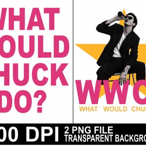 Puede incluir: Un diseño gráfico digital con el texto rosa en negrita WHAT WOULD CHUCK DO? junto a una imagen en blanco y negro de una persona con traje y gafas de sol bebiendo de una botella frente a una estrella amarilla, con el texto rosa WWCD debajo.