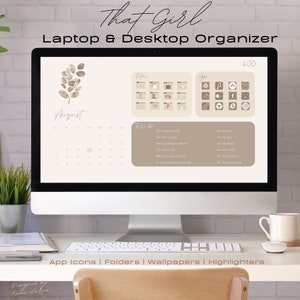 Carta da parati per organizer per desktop e laptop QUELLA RAGAZZA 2024-25 con cartelle abbinate, icone di app, evidenziatori di data. Sia per Mac che per Windows!