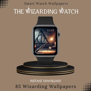 May include: A black smartwatch with a round face displaying a Harry Potter themed watch face with the Deathly Hallows symbol and a wand. The text "THE WIZARDING WATCH" is at the top of the image and "INSTANT DOWNLOAD 85 WIZARDING WALLPAPERS" is at the bottom of the image.