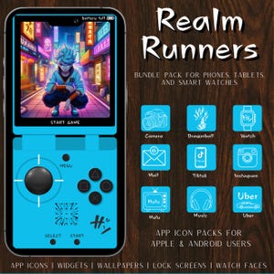 May include: A blue and black handheld gaming device with a colorful anime character on the screen. The device has a joystick, buttons, and a screen that says "Start Game". The image also includes a collection of app icons for popular apps like Camera, Dragonball, Watch, Mail, Tiktok, Instagram, Hulu, Music, and Uber.