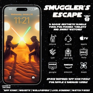 May include: A smartphone screen displays a Star Wars-themed lock screen with two figures wielding lightsabers. The image promotes a "Rogue Aesthetic Bundle Pack" for phones, tablets, and smartwatches, featuring app icons, widgets, and wallpapers.